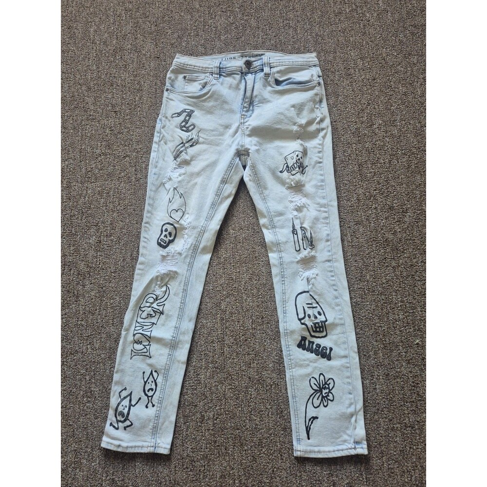 Lure Jeans Women's 30W Blue Light Wash Hand Art Distressed Ripped Tapered Skinny